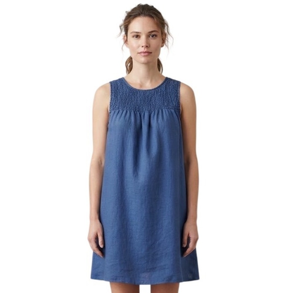 Cynthia Rowley Shift Dress Blue 100% Linen Smocked Coastal Chambray Boho Medium